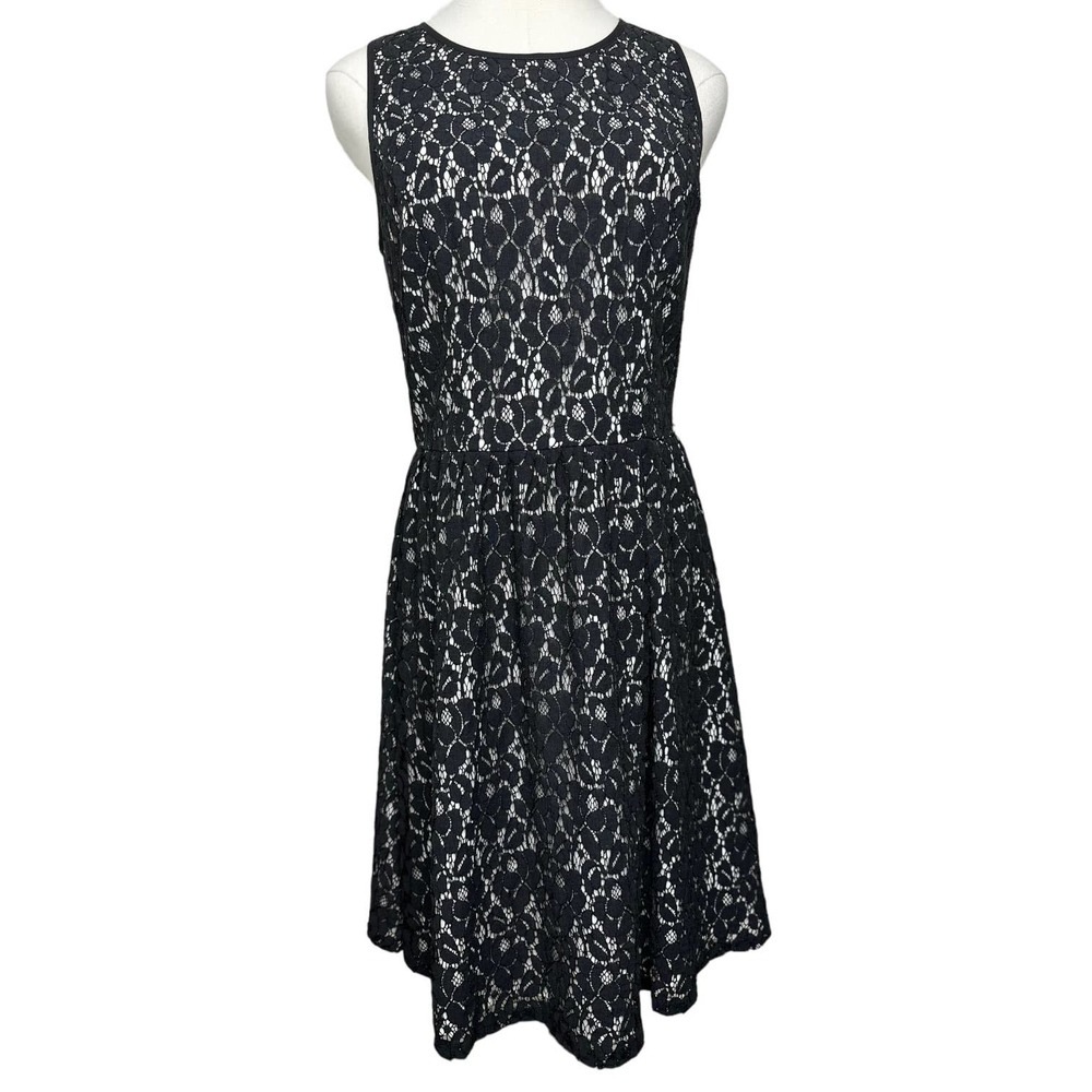 Karen Kane Elegant Dress Size M Black Lace Overlay Ivory Lining Sleeveless #B01